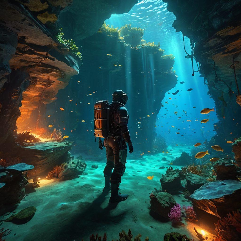 A magical underwater scene depicting a mysterious underwater cavern filled with ancient relics and glowing runes, featuring a curious adventurer in diving gear exploring the area. Schools of colorful fish swim through the water, and faint outlines of shipwrecks can be seen in the background. The light filters down from the surface, casting enchanting shadows and illuminating the wonders of Tibia lore. vivid colors, fantasy style, 3D.