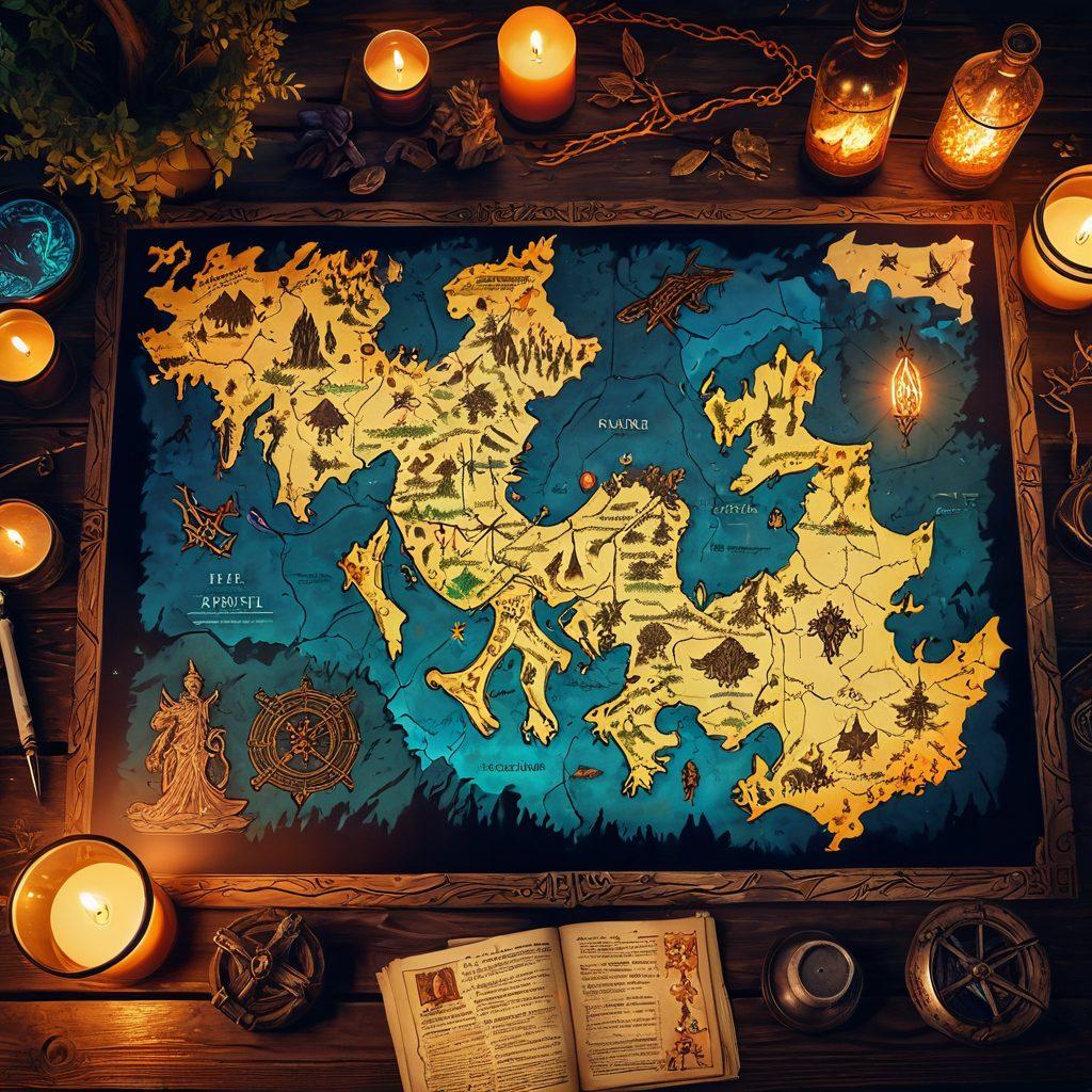 A mysterious ancient map laid out on a wooden table, surrounded by glowing runes and shimmering potions. In the background, a computer screen displays vibrant Tibia landscapes with adventurers battling mythical creatures. A pair of formidable swords crossed over the map, symbolizing combat and adventure. The ambiance is lit by warm candlelight to evoke a sense of discovery. fantasy art, vibrant colors, detailed textures.