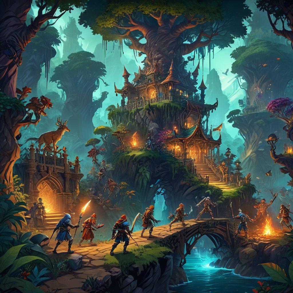 An enchanting digital landscape of the online realm of Tibia, featuring diverse characters from different classes engaging in epic quests. Vibrant colors illustrate lush forests, mystical creatures, and players collaborating in battle. The scene emphasizes connection and teamwork through glowing, magical links between the characters. Intricate details showcase the rich world-building and fantasy elements of gaming. fantasy art. vibrant colors. immersive background.